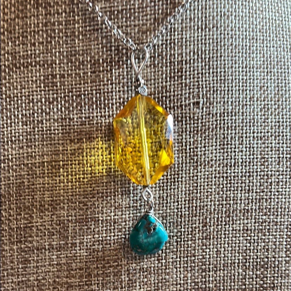 Unique Silver Necklace with Yellow and Turquoise Accents - Picture 1 of 10